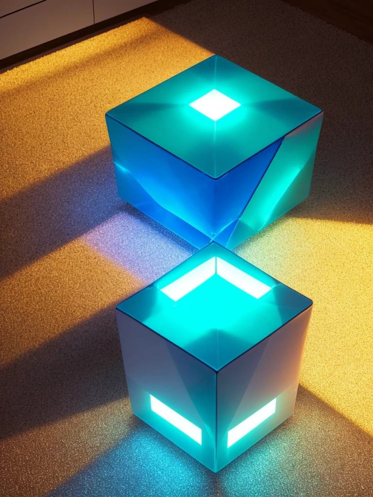there is a light that is shining on a table, cyan dimensional light, futuristic lighting, cinematic counter light, solid cube of light, volumetric lighting futuristic, futuristic dramatic lighting, lit. 'the cube', vaporwave lighting, oled lights in corners, tesseract, optical caustic lighting, the tesseract, light coming from crt monitor