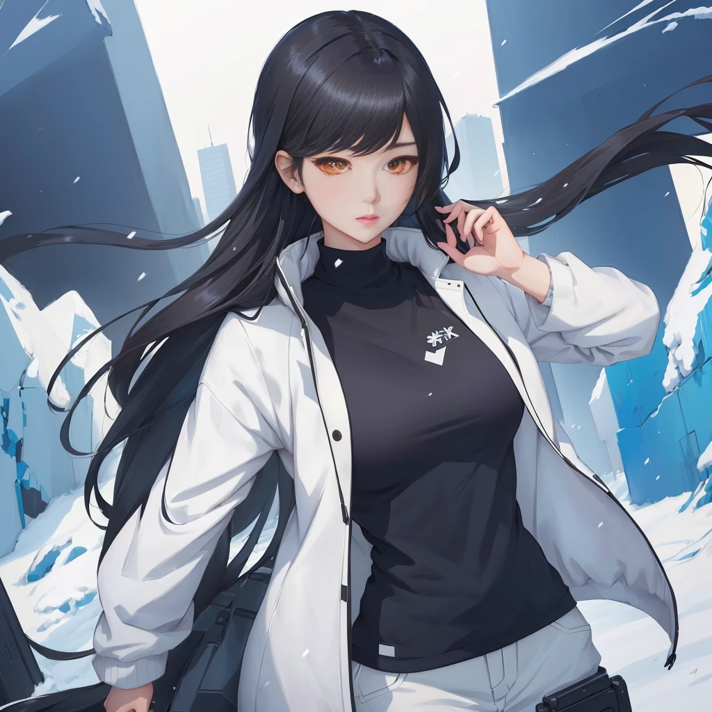 anime girl with long black hair and white jacket walking in the snow, anime moe art style, soft anime cg art, artgerm and atey ghailan, from Girls' Frontline, Girls' Frontline universe, Girls' Frontline style, Girls' Frontline cg, 4K anime-style, official character art, cyberpunk anime girl in hoodie, I&#39;m going to make fanart too, fine-details. Girls' Frontline