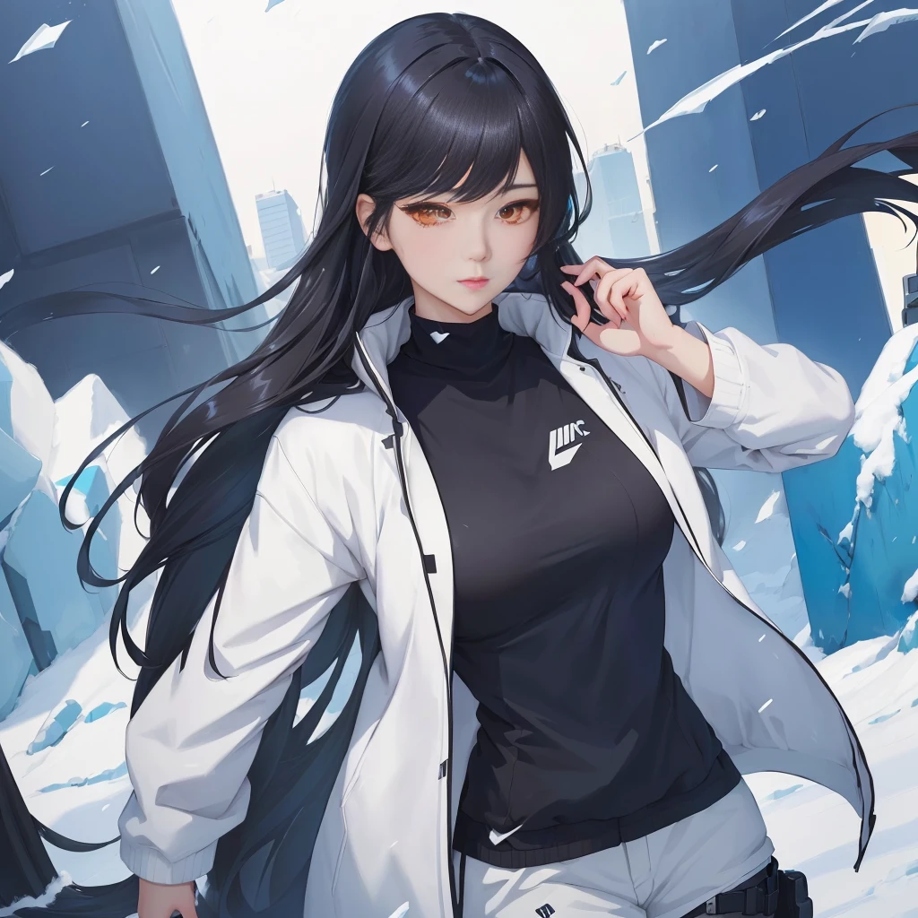 anime girl with long black hair and white jacket walking in the snow, anime moe art style, soft anime cg art, artgerm and atey ghailan, from Girls' Frontline, Girls' Frontline universe, Girls' Frontline style, Girls' Frontline cg, 4K anime-style, official character art, cyberpunk anime girl in hoodie, I&#39;m going to make fanart too, fine-details. Girls' Frontline