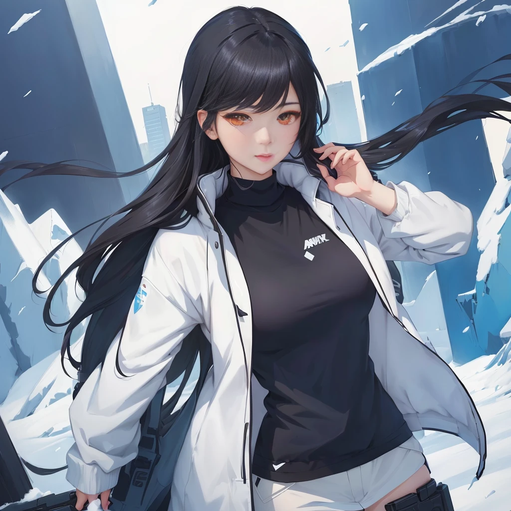 anime girl with long black hair and white jacket walking in the snow, anime moe art style, soft anime cg art, artgerm and atey ghailan, from Girls' Frontline, Girls' Frontline universe, Girls' Frontline style, Girls' Frontline cg, 4K anime-style, official character art, cyberpunk anime girl in hoodie, I&#39;m going to make fanart too, fine-details. Girls' Frontline