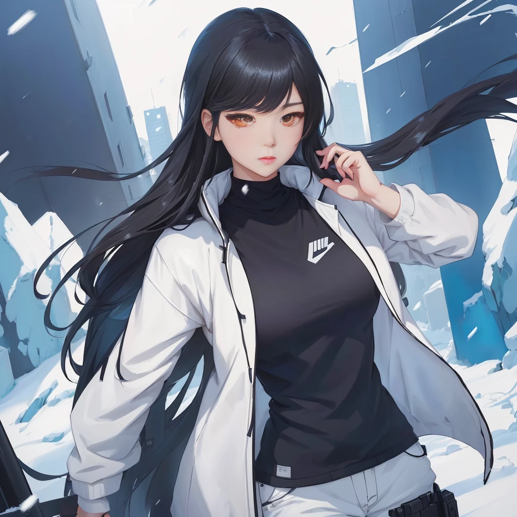 anime girl with long black hair and white jacket walking in the snow, anime moe art style, soft anime cg art, artgerm and atey ghailan, from Girls' Frontline, Girls' Frontline universe, Girls' Frontline style, Girls' Frontline cg, 4K anime-style, official character art, cyberpunk anime girl in hoodie, I&#39;m going to make fanart too, fine-details. Girls' Frontline