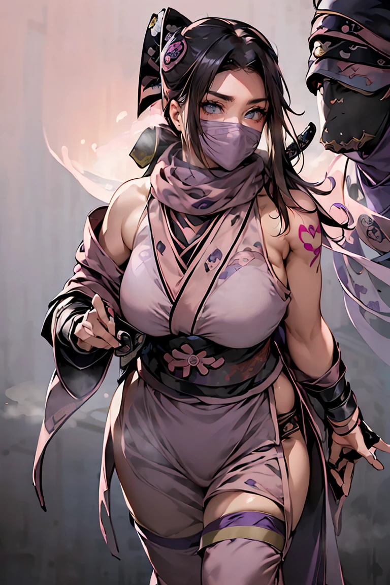 Raise your hands behind your head、night、(masterpiece、Highest quality、Very detailed、so beautiful、Full Body)、(((Pink dense fog effect:1.9)))、((steam:1.8)), Attractive woman、Angry expression、Sweating profusely、soaked、((Alluring female ninja、Purple Shinobi Costume:1.8))、(Thick lips、Thick eyebrows、Almond-colored eyes、Black Hair)、((Skin:1.4))、Chest wrap、Navy blue long scarf、(From below:1.2)、Japanese garden、(pubic tattoo、glowing tattoo:1.3)