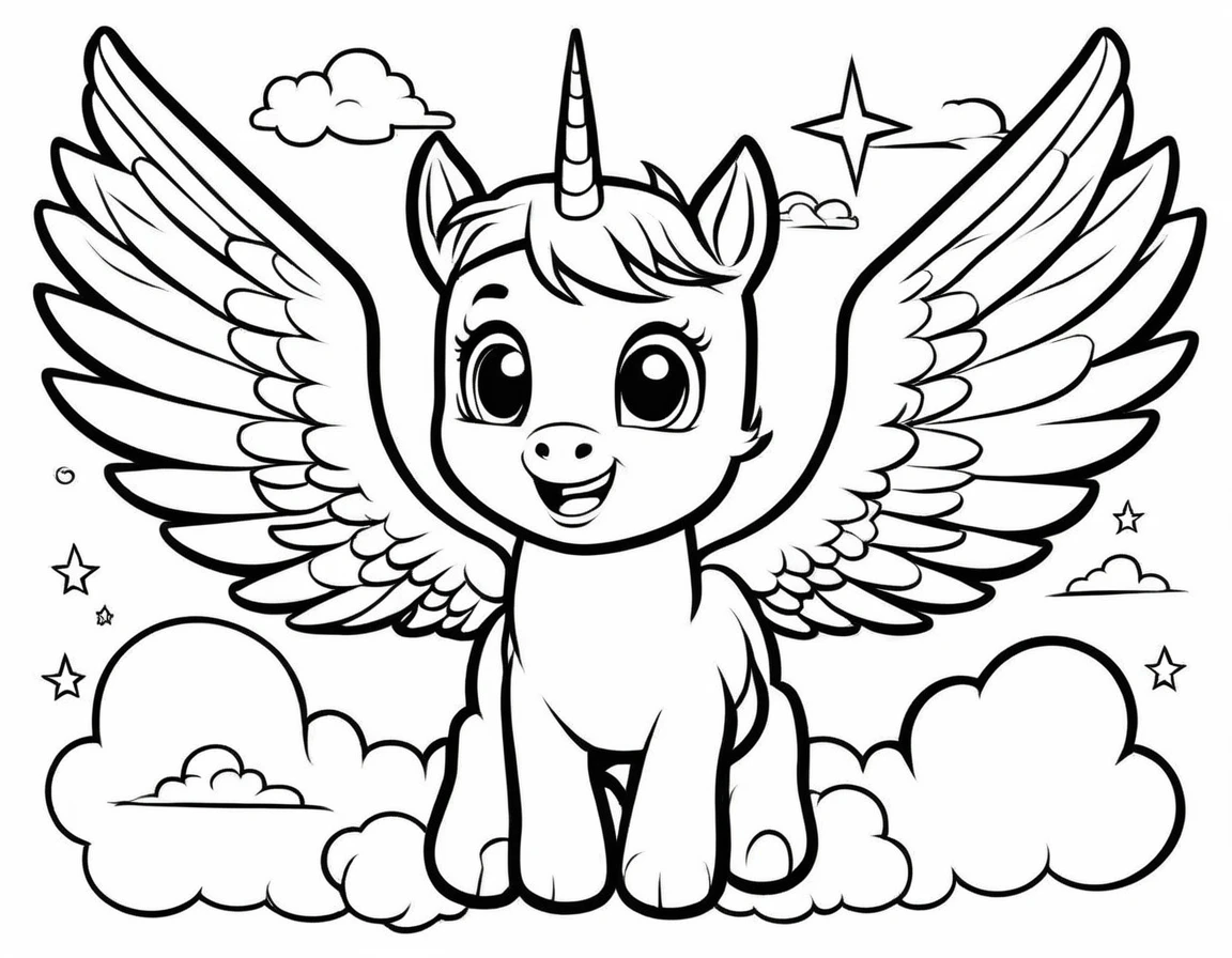 Cute Unicon, have wings, Coloring pages for kids, be happy, smile, Fly in the sky, Behind is a cloud., vector art, simple, 2D vector, black lines white background, Coloring pages for beginners, Vector illustration, Pencil strokes, No color, drawing coloring, white background, Pixar style, black and white