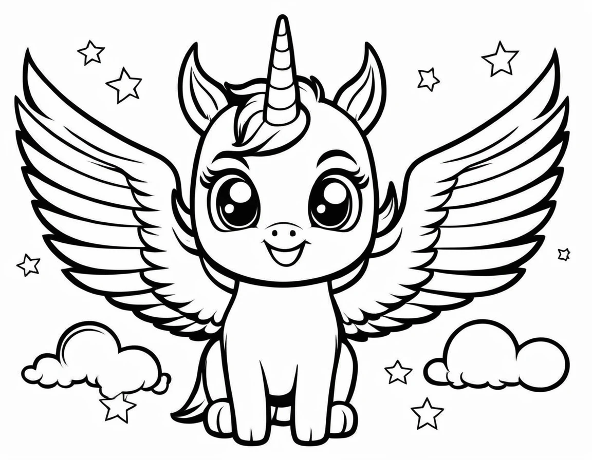 Cute Unicon, have wings, Coloring pages for kids, be happy, smile, Fly in the sky, Behind is a cloud., vector art, simple, 2D vector, black lines white background, Coloring pages for beginners, Vector illustration, Pencil strokes, No color, drawing coloring, white background, Pixar style, black and white