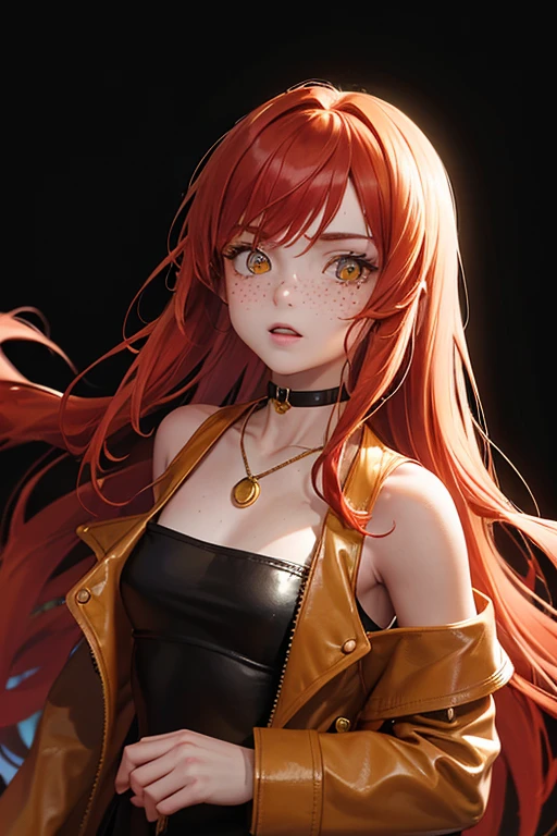 1 23 year old girl,fair skin with freckles on the face , with long red hair, gold cat eyes/ yellows , wearing a small and delicate choker, with a small pendant, wearing a short brown leather jacket, wearing a blouse, on a dark background, mocking facial squeezing, slim body