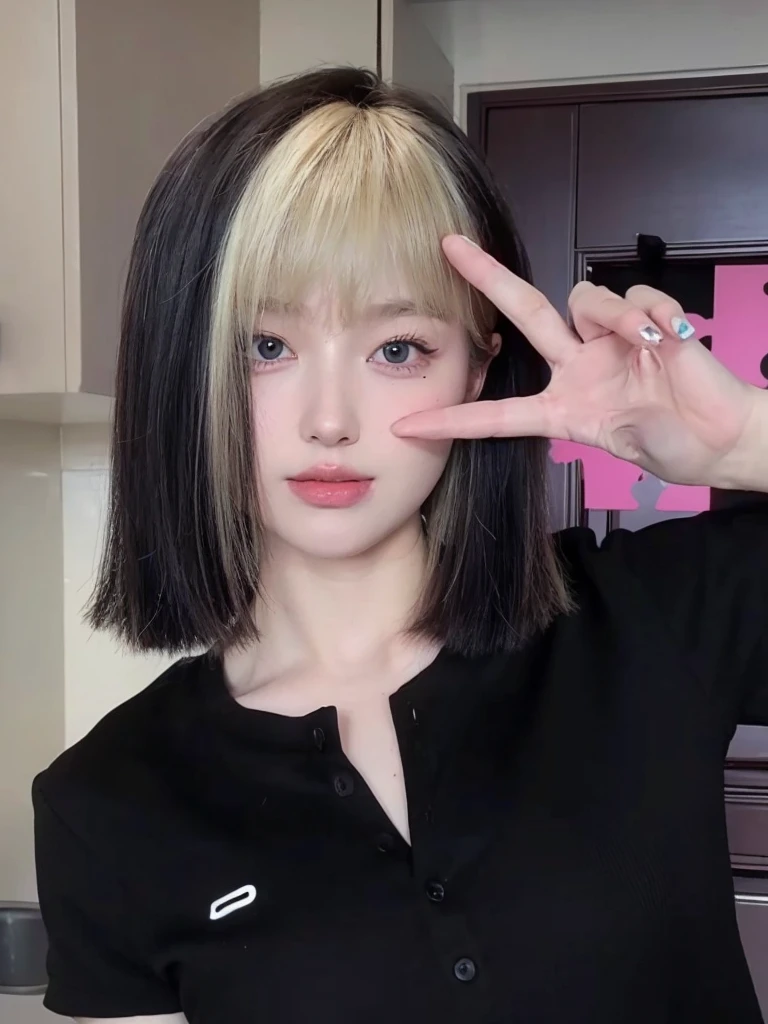 Blonde bangs short hair,Natural and beautiful hair,The background is simple and clean,