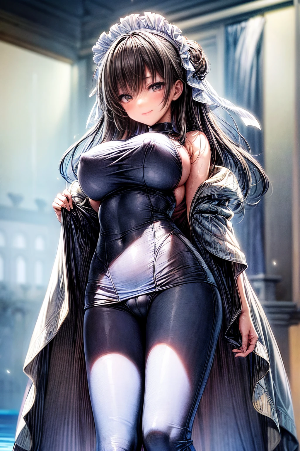 Highest quality、Detailed depiction、Large swimming pool、A large audience、One woman、25-year-old woman、(Big Breasts:1.5)、Simple competitive swimsuit、Wet skin、Show your back to the viewer、Looking up from below、The best smile、Beautiful face、Many layers of eyes、Erect nipples、Crotch line