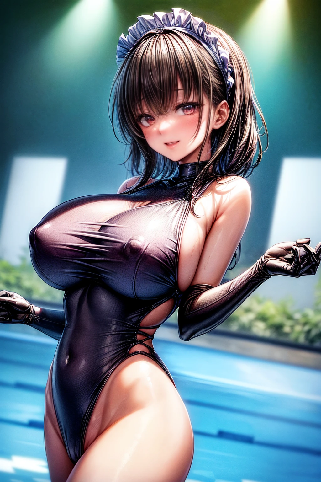 Highest quality、Detailed depiction、Large swimming pool、A large audience、One woman、25-year-old woman、(Big Breasts:1.5)、Simple competitive swimsuit、Wet skin、Show your back to the viewer、Looking up from below、The best smile、Beautiful face、Many layers of eyes、Erect nipples、Crotch line