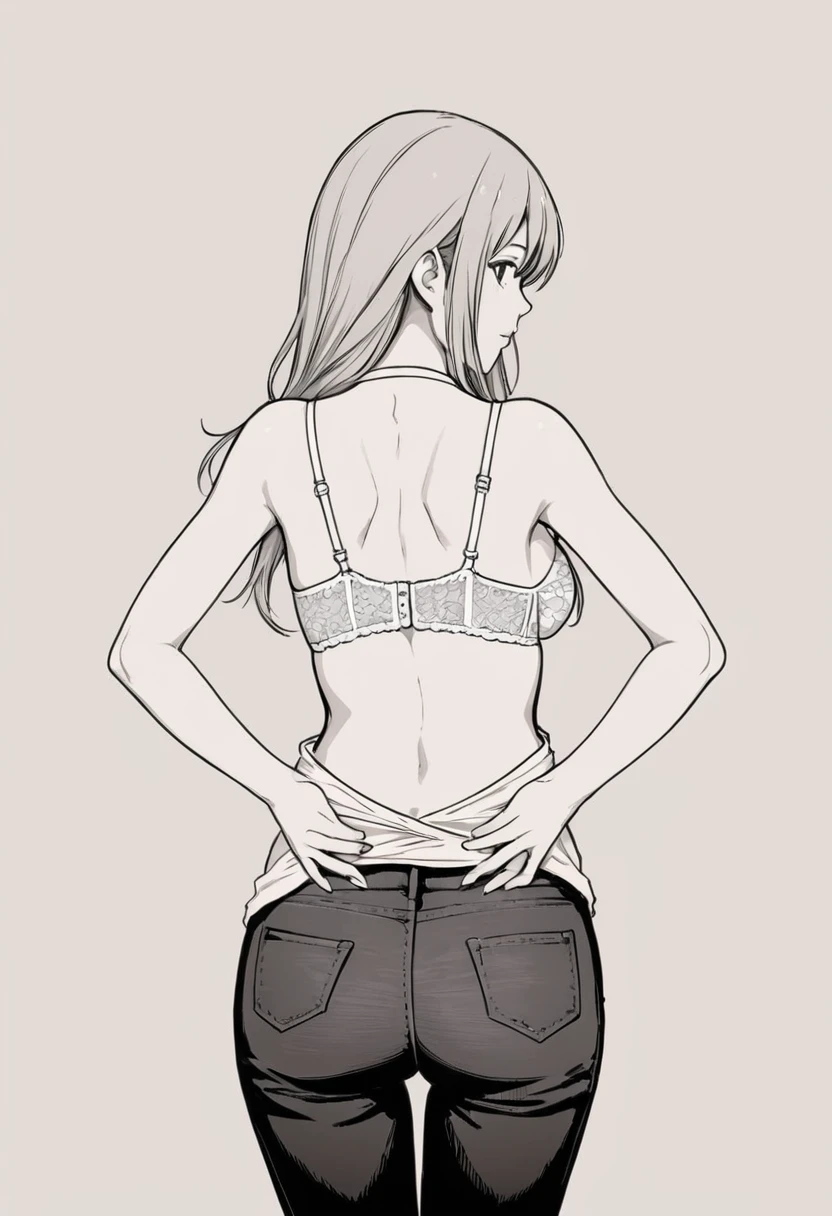 Fastening bra straps, rear view, woman, line drawing, black and white, hands around back, removing bra, dress shirt, black jeans, Japanese