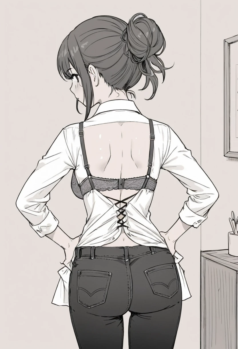 Fastening bra straps, rear view, woman, line drawing, black and white, hands around back, removing bra, dress shirt, black jeans, Japanese
