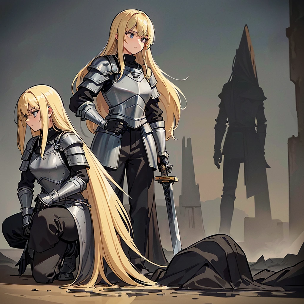 (((Solo)))、Best illustrations、Best Quality、(Full body character concept、detailed)、(((Simple grey armor、Black trousers、Black gloves、woman、18-year-old、Blonde、Long Hair)))、(((Grab the sword)))、(From below)、(Old ruins、desert)、Kneeling on the ground、defeat、(Black, muddy swamp)、(From the side、profile)