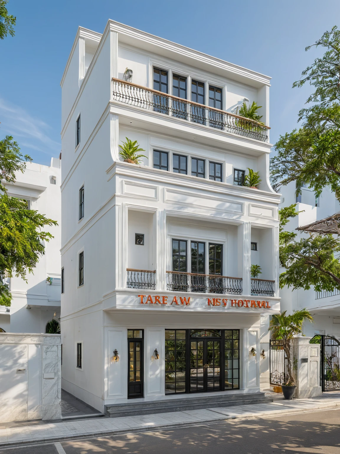 Neoclassical villa on the street, ground floor is restaurant, upper floors are bedrooms, terrace (daylight), tropical plants, vivid colors, streetscape, white tones, walls white, large glass doors, warm interior lighting, wood and marble, best quality, 20ArchiAI_XL_NeoTH-v2