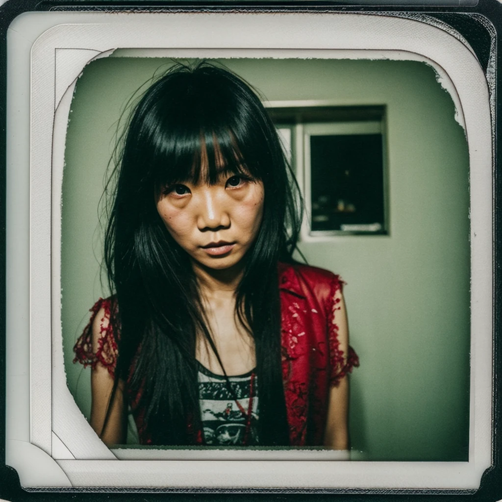 Out of focus Horror Damaged Static fuzzy vintage old Polaroid asian Female rockstar bloody horror demonic