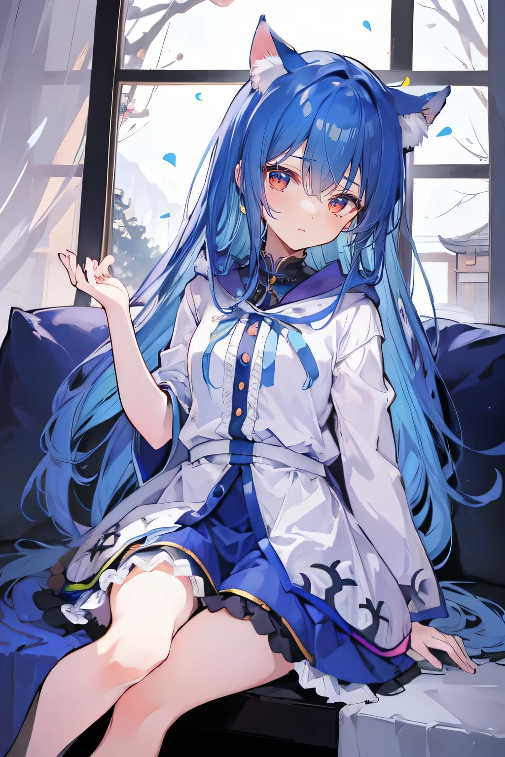 (masterpiece:1.2),Super detailed,lifelike,Expressive eyes,fair skin,perfect face shape,1 girl,
Japanese comics,Gorgeous blue hair,flowing blue hair,flowing clothes,Cat ears,Petals fall,beautiful lola,Baby Angel,
Shaking head with one hand,Cross your legs,Gentle and peaceful background,The pavilion is cool and comfortable,smile, wearing hoodie, In front of the window,snowing