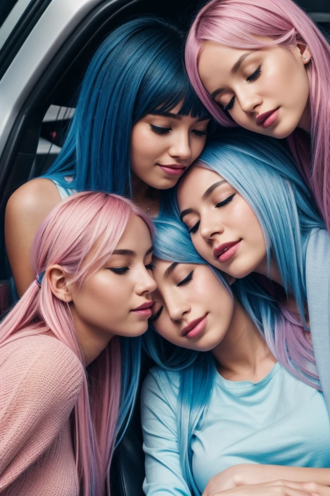Two 20 years old girls with perfect in car back seat going from club, party makeup, covered neck and chest, long sleeves, sitting next to each other. first girl with loose long light blue hair, second with long light pink hair. Their faces in contact with each other, their eyes closed in pleasure. First girl hugging second from the side, her tongue is out as she passionately licking second girl lips. Second girl head tilted back from pleasure, Sensual and passionate atmosphere, body facing camer, dim lighting, vibrant colors, photorealiatic, cinematic, full body view, view from the side