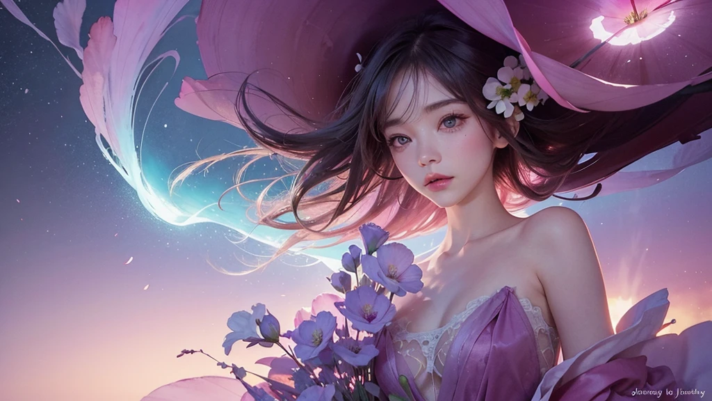 One girl,flower, Lisianthus ,Pale pinkと淡い青のスタイル, A dreamy, romantic piece, Pale pink, Mysterious Leaves, A playful arrangement,Fantasy, High Contrast, Ink strokes, explosion, Exposure, Impression of purple and red tones , Abstract, ((Watercolours by John Berkey and Jeremy Mann )) Brush strokes, Negative Space,