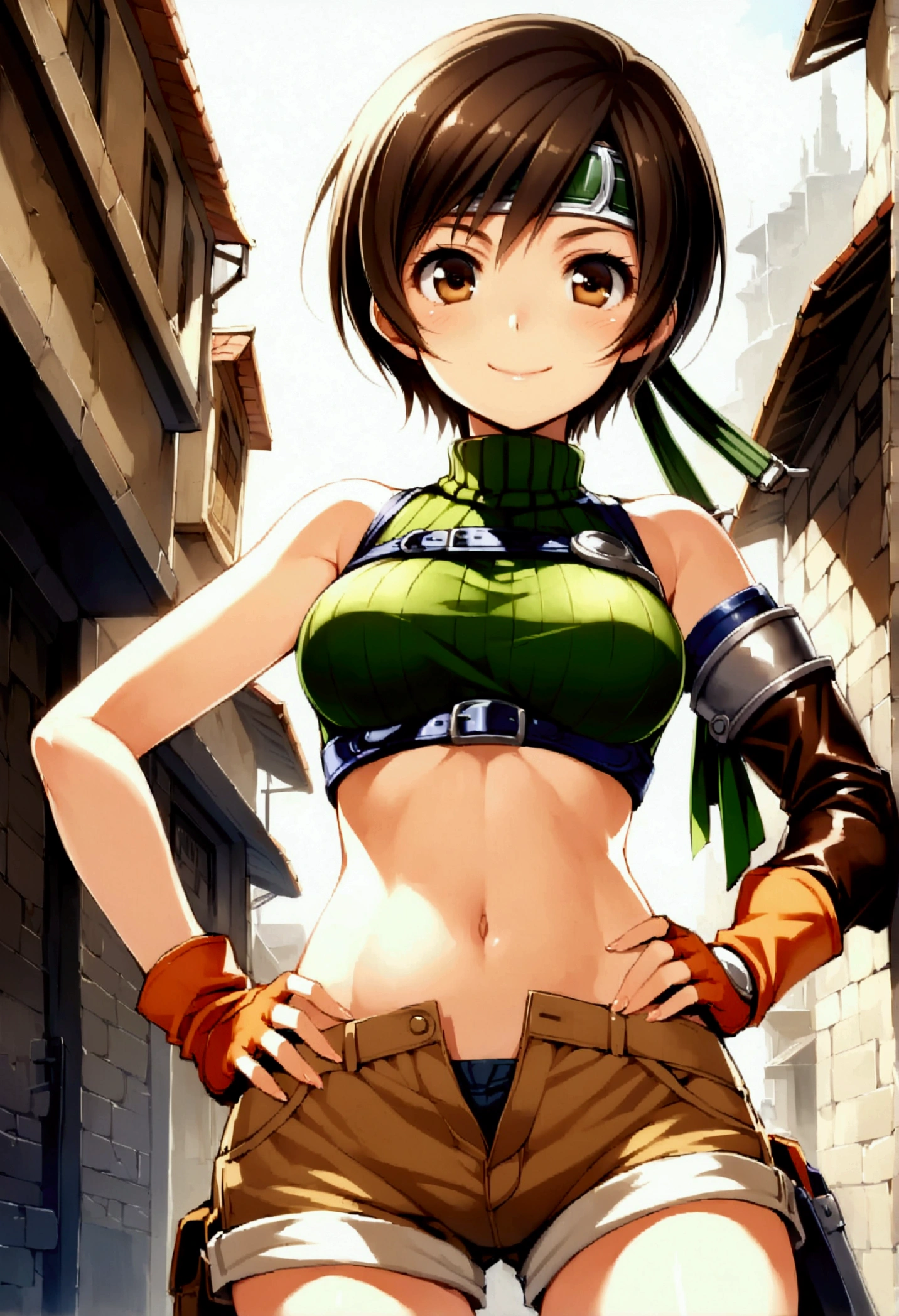 score_9, score_8_up, score_7_up,,BREAK , ,from front,front view,below angle,,standing,contrapost,upperbody ,,straight-on,Solo,1girl, yuffie kisaragi, final fantasy,,short hair,headband,navel,sleeveless,turtleneck,brown eyes,sleeveless turtleneck,solo,breasts,looking at viewer,smile,gloves,crop top,brown hair,shorts,midriff,armor,sweater,open fly,fingerless gloves,ribbed sweater,medium breasts,,beautiful waist ,,light smile,,hand on own hip,daytime,outdoor,ultra detailed,best quality,aesthetic,very aesthetic,(mid)
