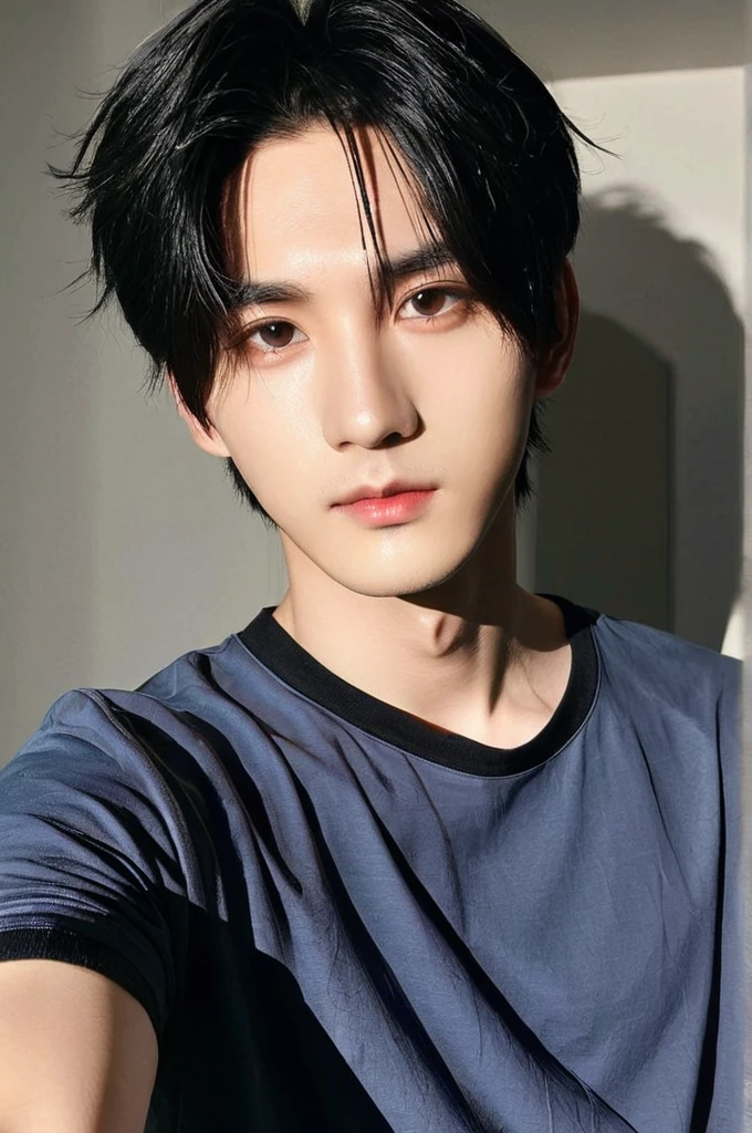 One boy, Young man with black hair  (Mash Straight Hair),Male K-Pop Idols, Levi Ackerman, Medium portrait,chop, Beautiful Model, Oval Face, Vivid,Selfie,(In a dark room),The whole body is shown