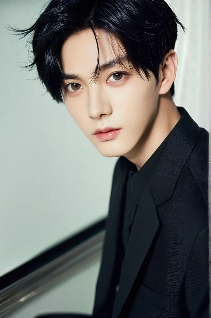 One boy, Young man with black hair (Mash Straight Hair),Male K-Pop Idols, Levi Ackerman, Medium portrait,chop, Beautiful Model, Oval Face, Vivid,Selfie,(In a dark room),The whole body is shown