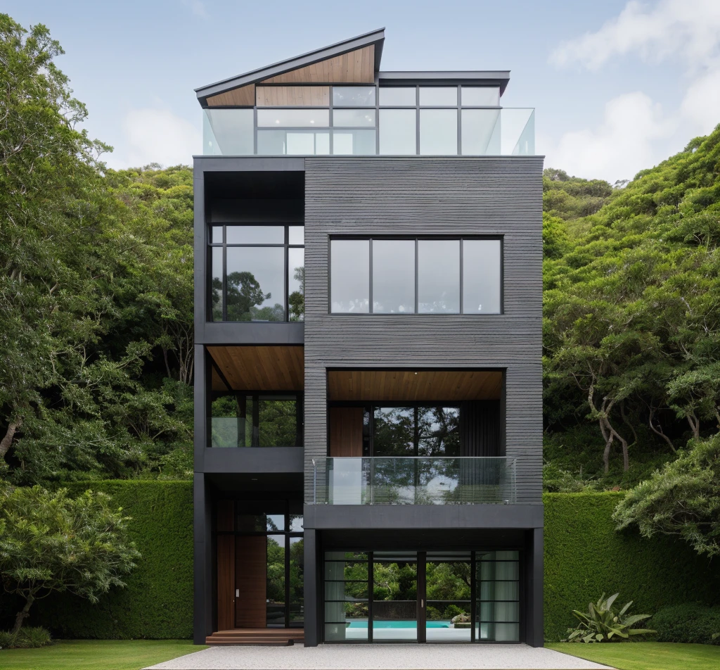 A wide angle shot shows the front view of a contemporary two-story villa with white walls and glass windows, design by Tadao ando,surrounded by lush greenery. It features an outdoor pool area overlooking the ocean at natural light. Stone pathways lead to multiple pools within the yard, adorned with vibrant tropical plants,architecture photography award, iwan baan, Taken on a Canon EOS R5 using a Canon RF 24-70mm f/2.8L IS USM lens at an F3.2 aperture setting in the style of Canon --ar 16:9 --c 5 --s 50 --v 6.0