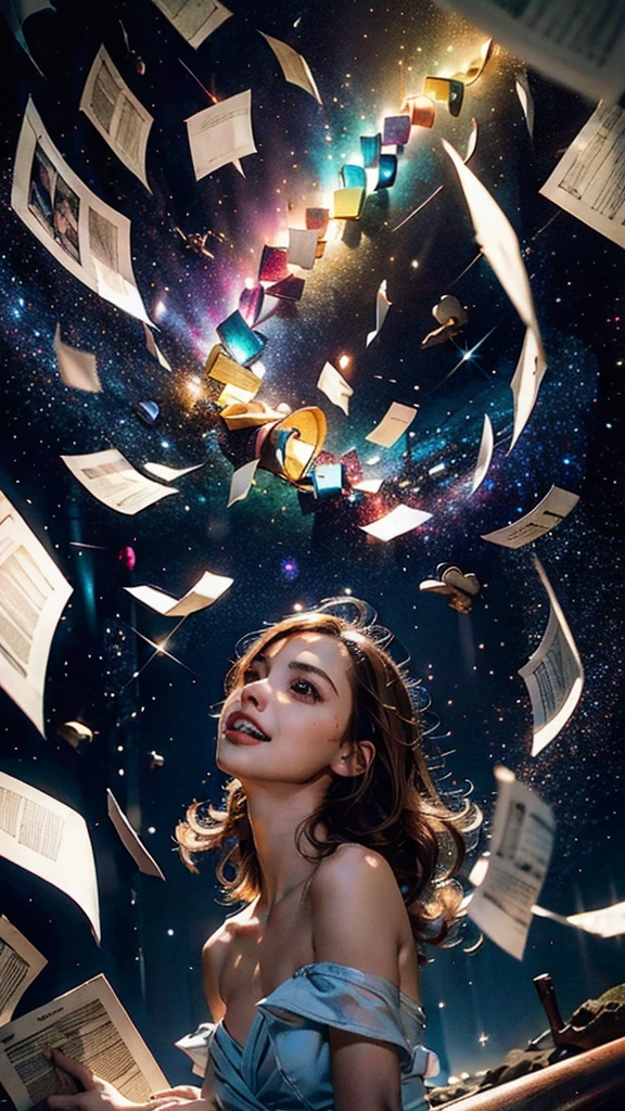 masterpiece,best quality,aesthetic,detailed face,subsurface scattering,looking up,
wrenchsfantasy,fantasy,1girl,photo of a cute girl,light smile,charming,20yo,ringlets hair.Hair flaps,Copper hair,glowing,cloud,colorful || starry,stars,paperexplosion,surrounded by papers,papers flying in the air,papers flying from,
space_style,style-swirlmagic,style-sylvamagic,rainbow-candy,
heavenly, celestial, delicate, elegant, stunning, magical atmosphere, illuminated, divine illumination, detailed, cinematic, extremely, focused, beautiful, intricate, amazing composition, aesthetic, sharp focus, perfect, brilliant