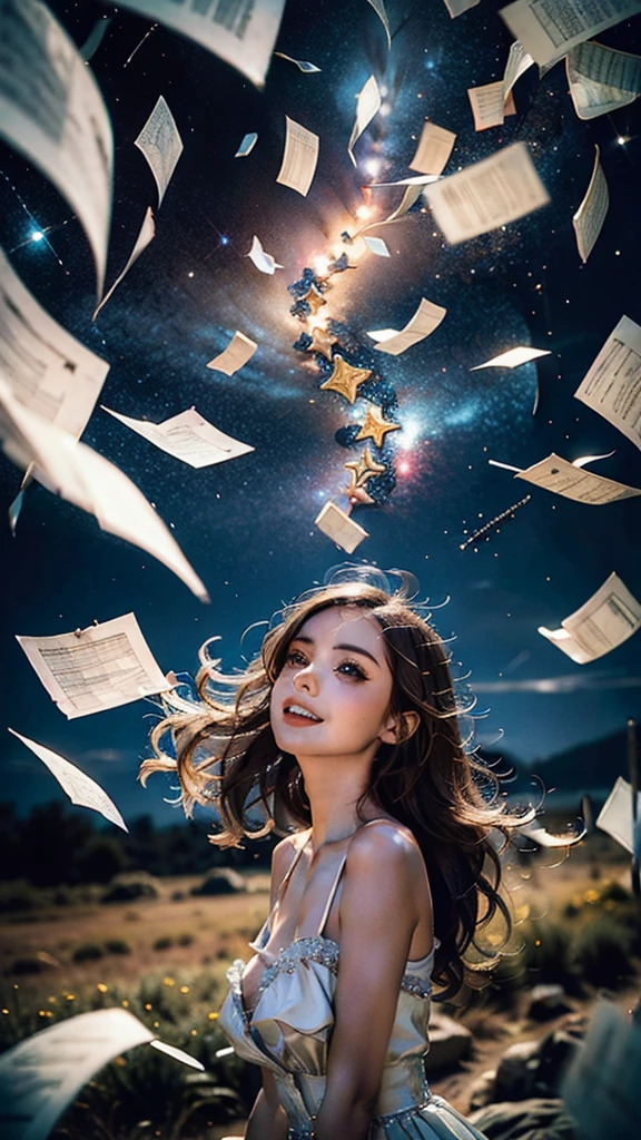 masterpiece,best quality,aesthetic,detailed face,subsurface scattering,looking up,
wrenchsfantasy,fantasy,1girl,photo of a cute girl,light smile,charming,20yo,ringlets hair.Hair flaps,Copper hair,glowing,cloud,colorful || starry,stars,paperexplosion,surrounded by papers,papers flying in the air,papers flying from,
space_style,style-swirlmagic,style-sylvamagic,rainbow-candy,
heavenly, celestial, delicate, elegant, stunning, magical atmosphere, illuminated, divine illumination, detailed, cinematic, extremely, focused, beautiful, intricate, amazing composition, aesthetic, sharp focus, perfect, brilliant