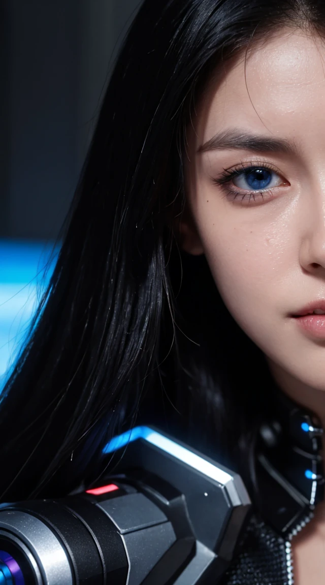 8K, top quality, 錯綜複雜的detail, 超detail, Ultra-high resolution, masterpiece, ((close up)), shot from behind , look away from viewer, Slender, Not smiling, (cosmetics: 0.4), (蓬鬆的blue eyes: 1.21), blue eyes,, ((whole body)), 1 girl, alone, 1 girl, (( whole body)),  Close-up, Permanent ,look away , holding a gun,  photography from behind, ((High target)), (((Fitness))), (((face slimming))), Pointed face, Sharp eyes, ((( black hair,  long hair ))),  (detailed face), Pointed face, Small lips, Thin lips, 
 (( cyberpunk women, woman wearing futuristic suit )),  detailed face, detailed breast, , Big breasts, detail, , Beautiful girl with prominent slim abdominal muscles: 1.4, Six-pack abs: 1.4, Breast Enlargement Botox, Large target, Perfect body, detail leg, ),((close up)), Cyberpunk Background,