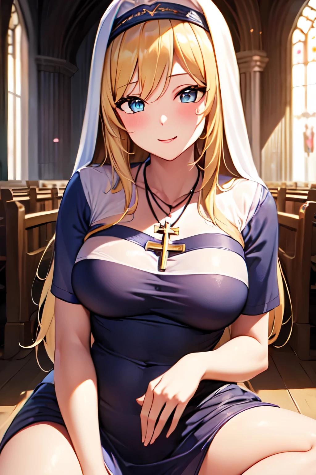 Highest quality, masterpiece, One girl, (alone:1.1), Ray Tracing, Super detailed,Detailed face, 8k 壁paper, 広いHip, smile, Maria、Blonde、blue eyes、Nuns、habit、Black Dress、necklace、Medium chest、Looking at the audience、Hip、whole body、Sitting in the church、Mature Woman、blush、, One girl, Blonde, Large Breasts, Long Hair, , necklace,
