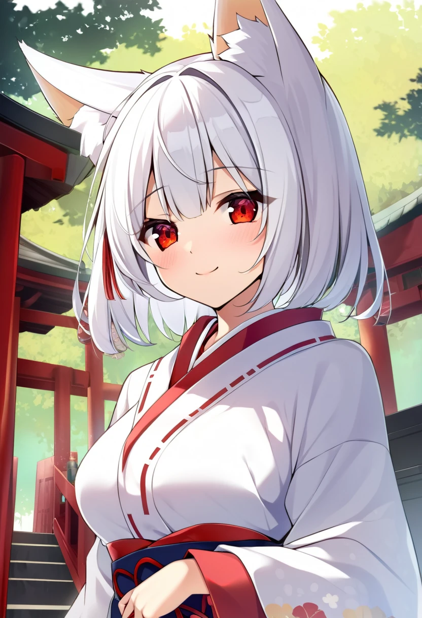 one girl, fox ears, shrine maiden, white hair, beautiful, gently, naive, smile cutely, red eyes, sacred, medium breasts, blush