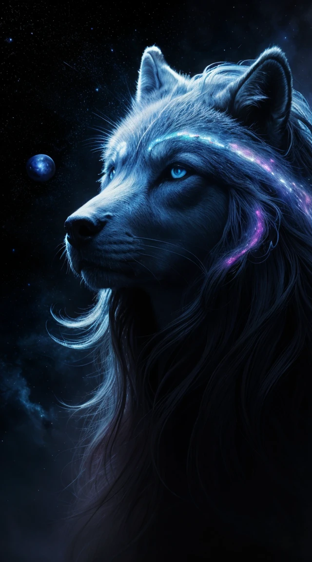 Best Quality, 8K, Masterpiece, "Romanticism close-up of the colossal beautiful (((cosmic))) nebula elemental wolf face made of electric stars and galaxies and cosmic energy. ethereal mane. iridescent textures. deep nebula blue earthy colors. intricate glowing light dust motifs. highly detailed science fiction painting by Rockwell, Vallejo, and Victor Nizovtsev. rich colors, high contrast, moody atmosphere. artstation and behance
