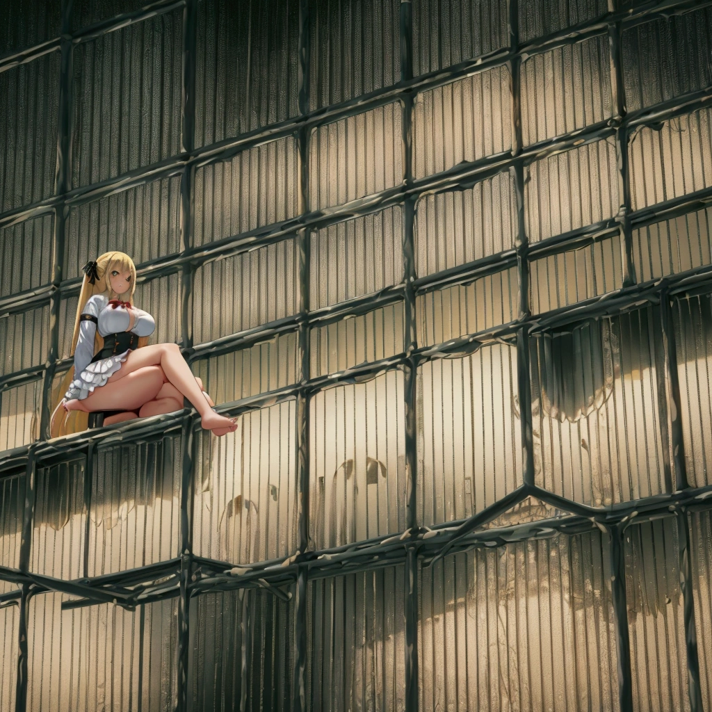 1 girl,full body,sitting,wariza,looking down,from below,dynamic angle, dynamic cut,naughty smile,hyper obese,hyper muscle,hyper gigantic breasts,adult body,two side up,blonde hair,barefoot,cute dress shirt frills ribbon split corset skirt,best quality,masterpiece,white background,