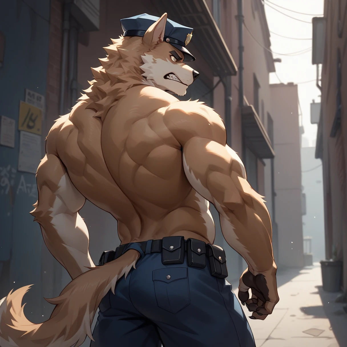 （Furry、dog police officer）、Dark back alley、I can see my stomach、Muscular、Looks frustrated、Are standing