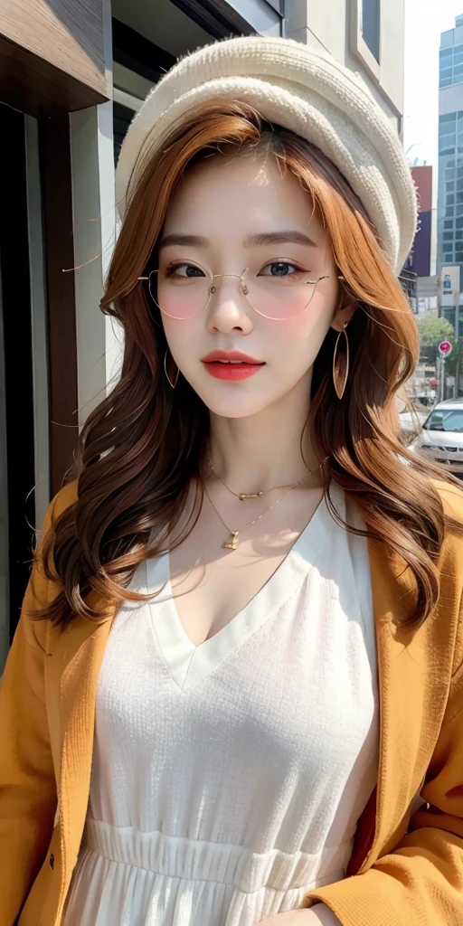 1girl, solo, yorigami jo'on, orange hair, drill hair, eyewear on head, orange eyes, jewelry, bow, white dress, purple jacket, pendant, earrings, hat, standing, hand on hip, looking at viewer, one eye closed, smirk, outdoors, city
