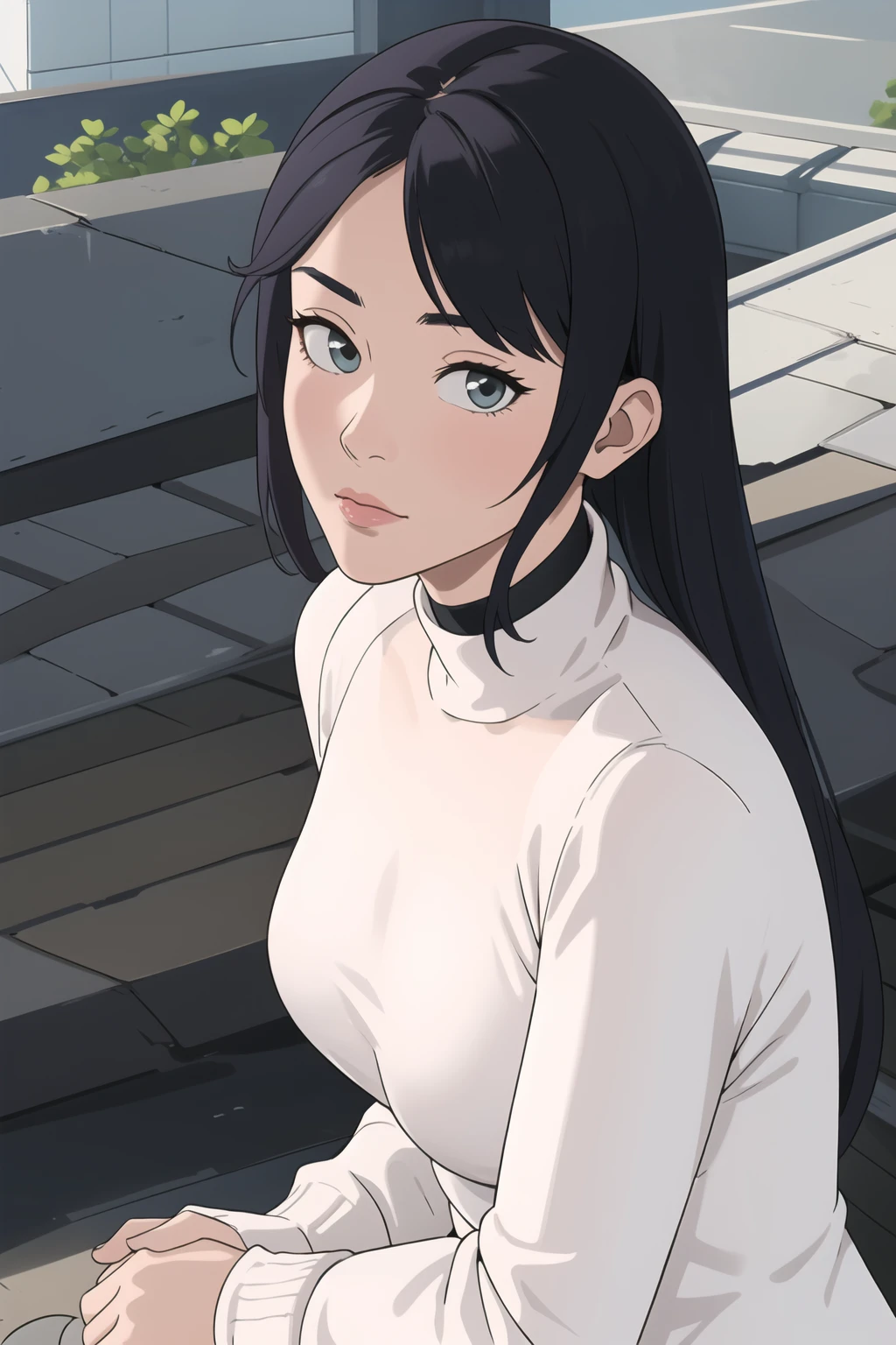 best quality, masterpiece, Mona, (white sweater turtleneck, modest clothing:1.15), choker, perky breasts, looking at viewer, upper body, rooftop, sitting, overlooking city