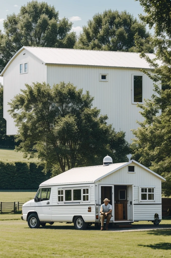The scene you describe seems very picturesque and detailed.. I can visualize the handsome young man in his outfit and white hat, relaxedly leaning on the modern van, watching your animals on the farm. With the modern house and a clear sunny sky in the background, the image surely conveys a feeling of tranquility and country life.