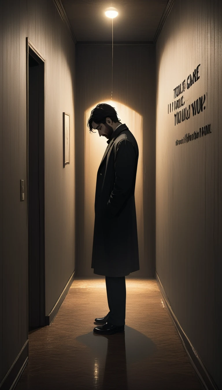 "A heart-breaking image of a man standing alone in a dimly lit room, his expression betraying the depths of his anguish. On the wall behind him, the words 'I gave too much, you gave too little' are written in stark lettering, a poignant commentary on the emotional imbalance in his relationships with women. This image is a powerful representation of the pain and heartbreak that can result from being played by someone who doesn't care about your feelings
