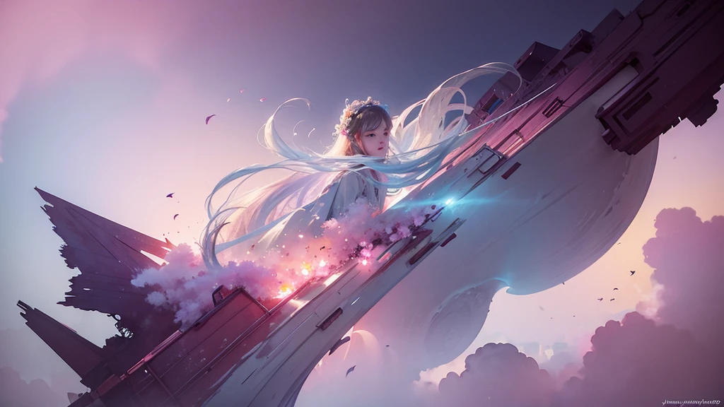 One girl,flower, Lisianthus ,Pale pinkと淡い青のスタイル, A dreamy, romantic piece, Pale pink, Mysterious Leaves, A playful arrangement,Fantasy, High Contrast, Ink strokes, explosion, Exposure, Impression of purple and red tones , Abstract, ((Watercolours by John Berkey and Jeremy Mann )) Brush strokes, Negative Space,