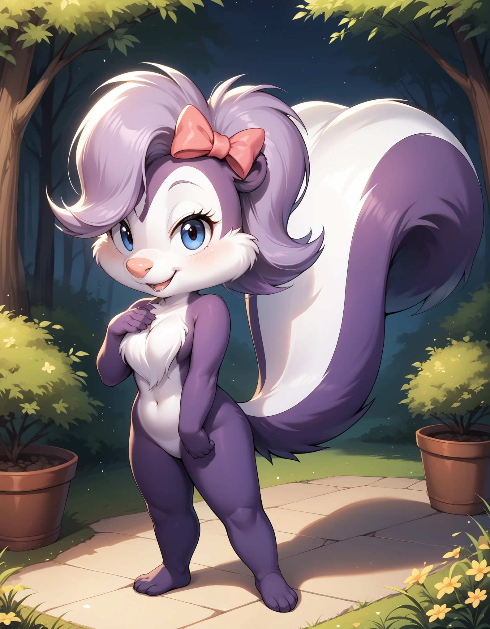 score_9, score_8_up, score_7_up, score_6_up, source_furry, score_safe, fifi, skunk, solo, 1girl, female, sfw, furry, purple body, hair bow, tail, cute, short, beautiful eyes, cartoony, flat color, simple shading, full-length portrait, studio ghibli background, blurred backgroun,