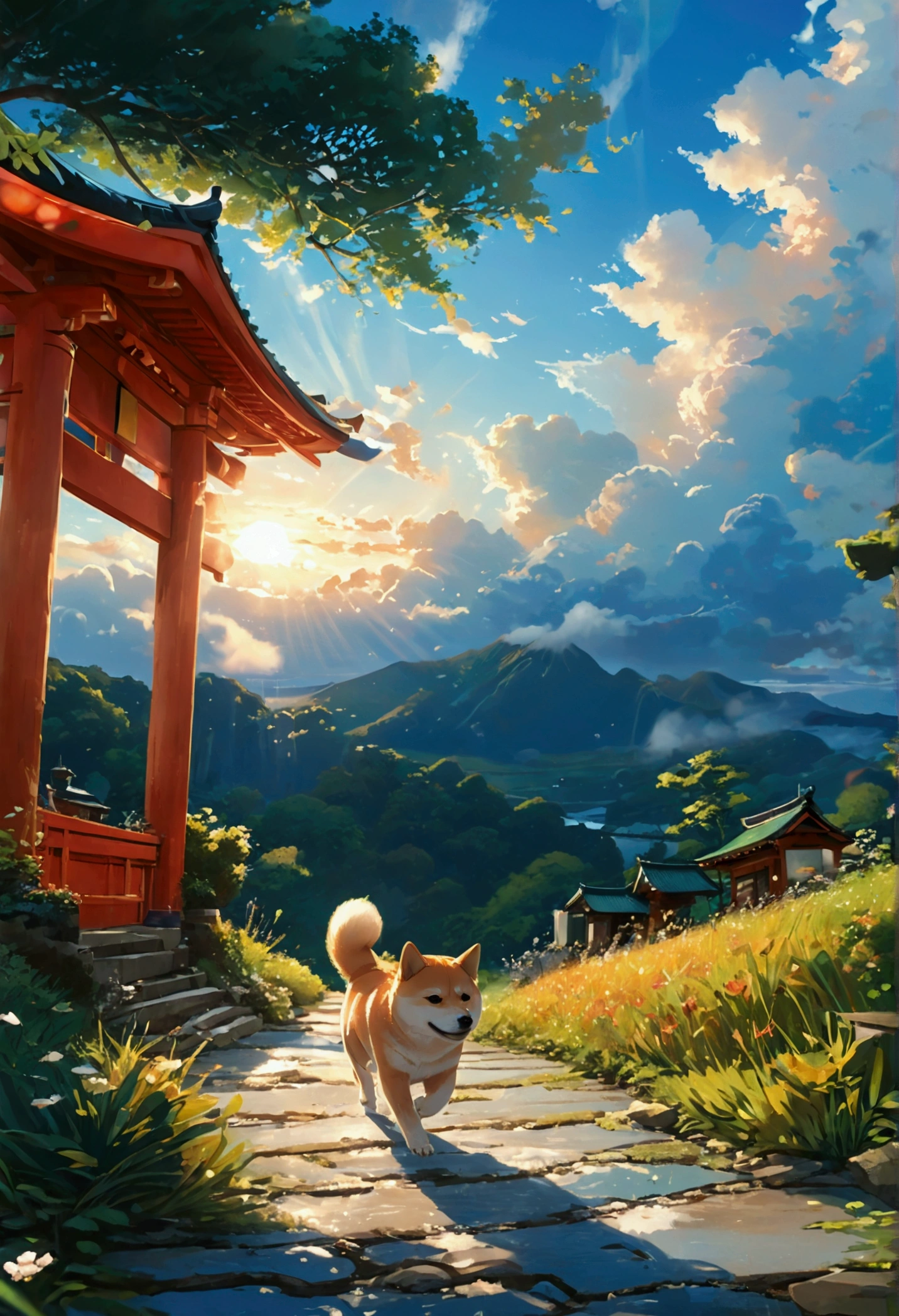 Makoto Shinkai Taste, Beautiful sky, A running Shiba Inu puppy, ,Romantic Landscape, Healing scenes, Light pours in,hope, Makoto Shinkai Taste,Detailed Description, Japanese Shrines, Sunset,