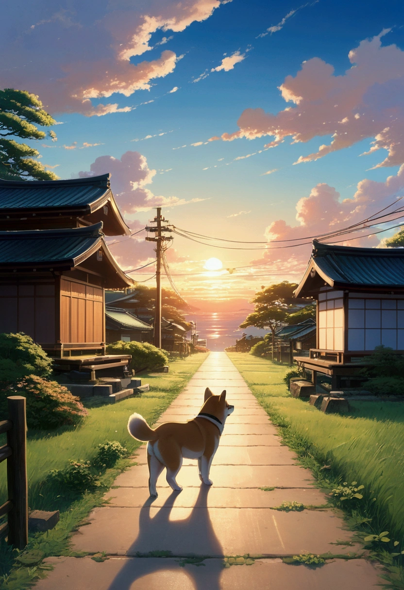 Makoto Shinkai Taste, Beautiful sky, A running Shiba Inu puppy, ,Romantic Landscape, Healing scenes, Light pours in,hope, Makoto Shinkai Taste,Detailed Description, Japanese Shrines, Sunset, 