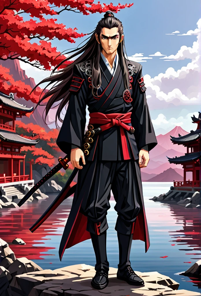 Samurai swordsman with long hair taken, laterally shaved, black suit with red trim. large eyes, but serious, thick eyebrows, barefoot, necklace with skulls. The background is a reddish lake.
