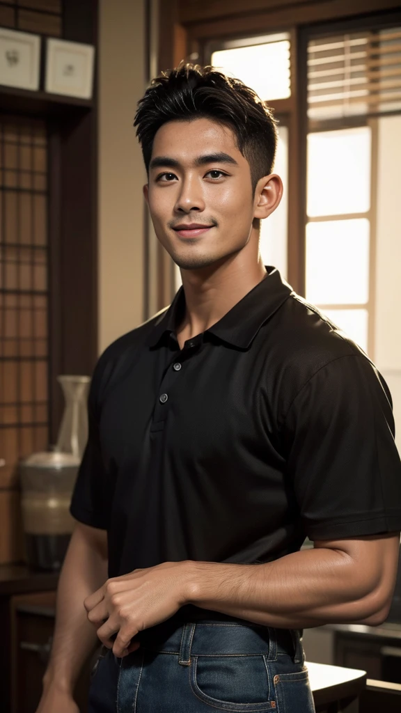 Thai man, short hairstyle, buzz cut, handsome, muscular, big muscles, wide shoulders, male model wearing a black polo shirt and jeans, standing and smiling.
