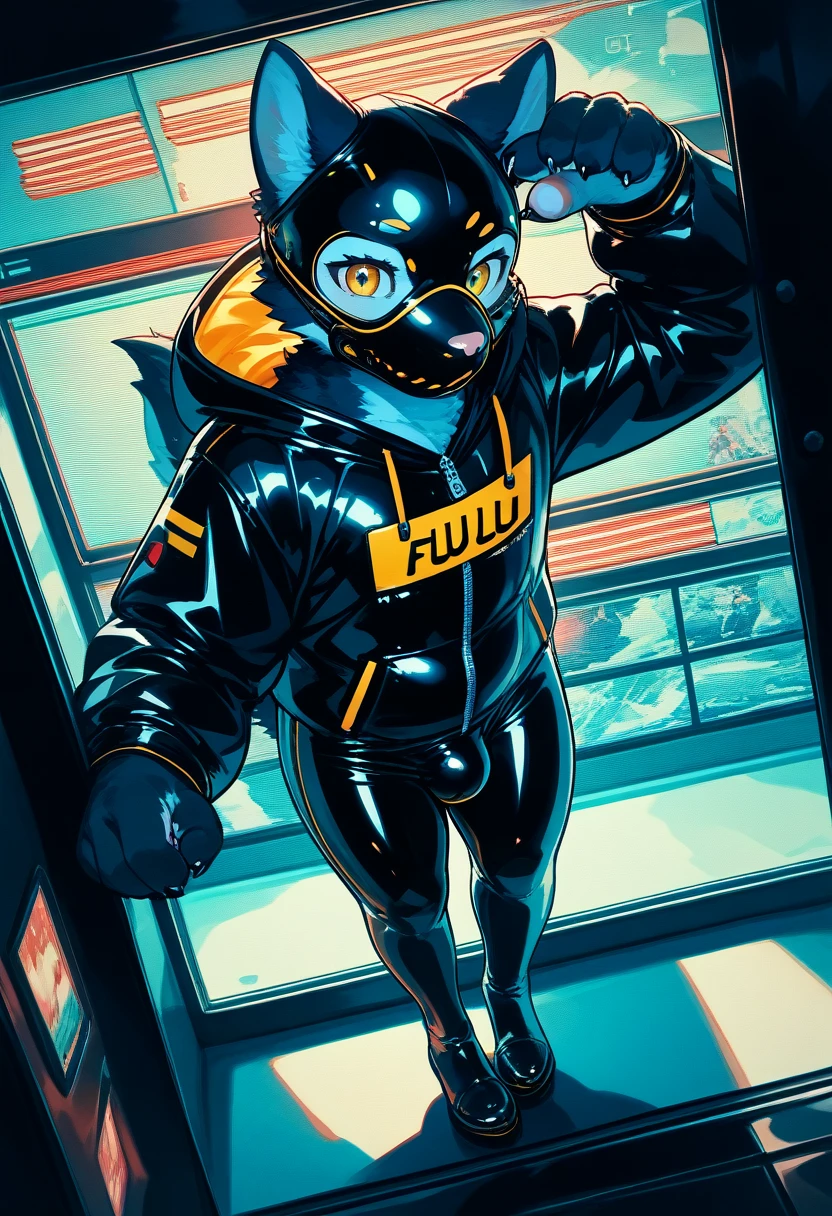 Highest quality, Highest quality, High quality illustrations, masterpiece, Ultra-high resolution, Detailed Background, Games Room, Absurd, Perfect Anatomy, performance, Good lighting, Shadows in the movies(kemono, Furry Personifi猫ion), Rubber suit, Rubber suit, latex, neon, neonライト, neonカラー, Rubber spats, Rubber Hoodie,  Rubber mask, ribbon, Embarrassing, Null bulge, male, juvenile, From above