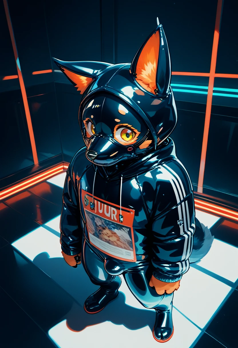 Highest quality, Highest quality, High quality illustrations, masterpiece, Ultra-high resolution, Detailed Background, Games Room, Absurd, Perfect Anatomy, performance, Good lighting, Shadows in the movies(kemono, Furry Personifi猫ion), Rubber suit, Rubber suit, latex, neon, neonライト, neonカラー, Rubber spats, Rubber Hoodie, Rubber mask, ribbon, Embarrassing, Null bulge, male, juvenile, From above
