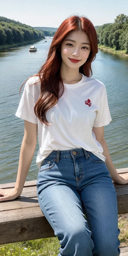 digital art, (girl, red_hair, flowers, baggy jeans, white shirt, discreet smile, cute look), (sitting on a bench, river in the background, golden hour),, by Daniil Suponitskiy jpegman