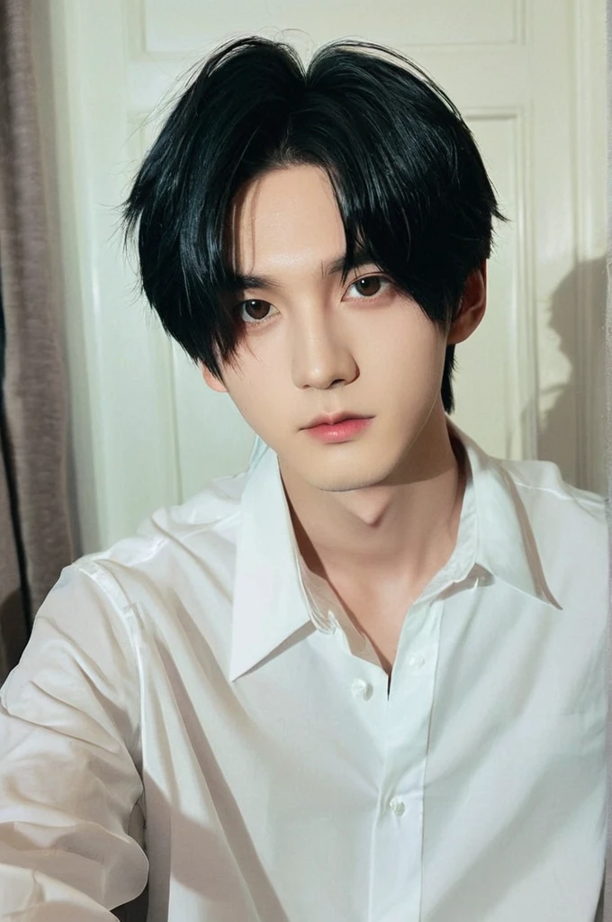 One boy, Young man with black hair  (Mash Straight Hair),Male K-Pop Idols, Levi Ackerman, Medium portrait,chop, Beautiful Model, Oval Face, Vivid,Selfie,(In a dark room),The whole body is shown