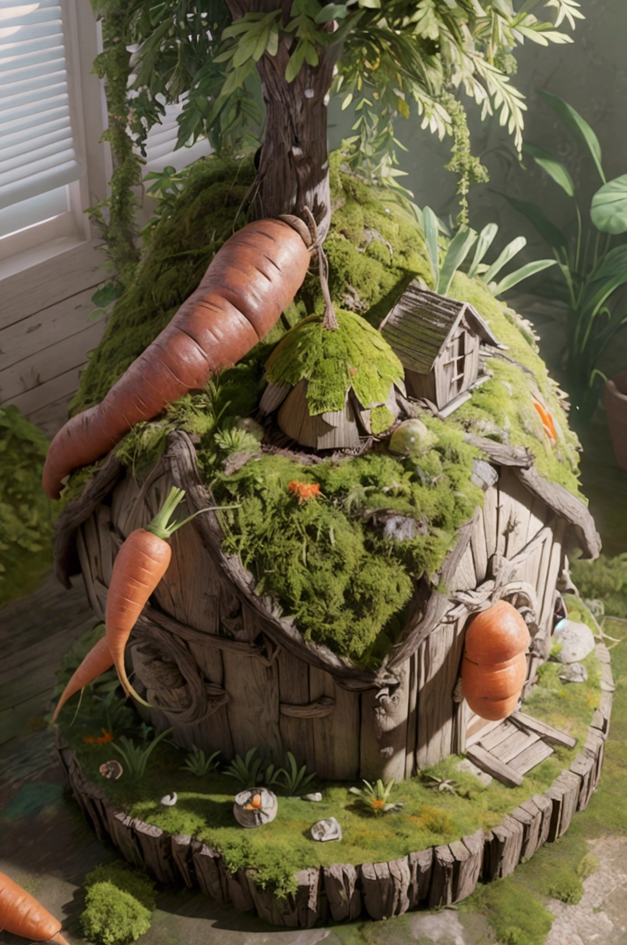 masterpiece, best quality, (Very detailed CG unity 8k wallpaper), (best quality), (Best illustration), (The best shades), Moss-covered round carrot hut, Isometric 3D , Octane Rendering, Ray tracing, Very detailed