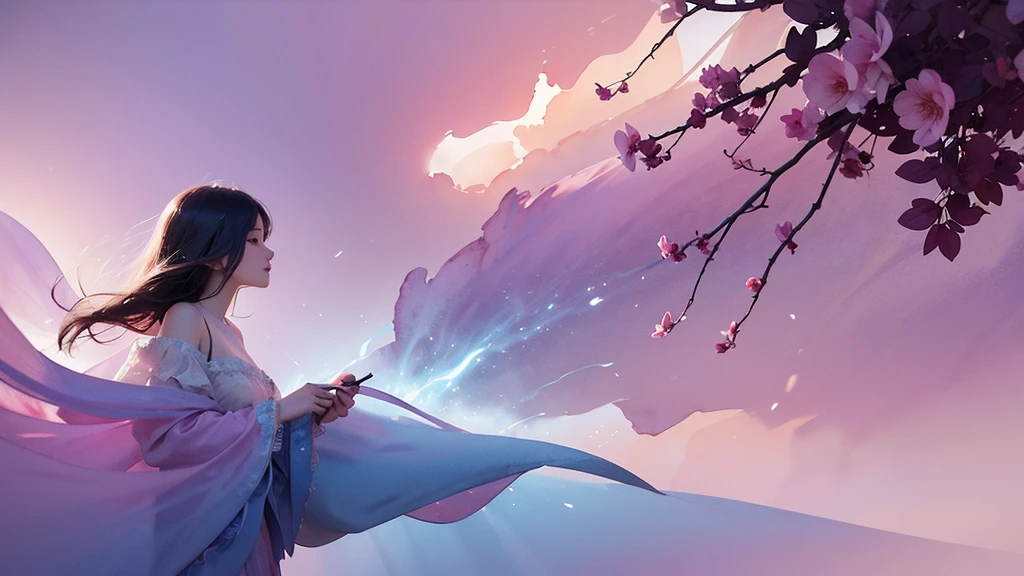 One girl,flower, Lisianthus ,Pale pinkと淡い青のスタイル, A dreamy, romantic piece, Pale pink, Mysterious Leaves, A playful arrangement,Fantasy, High Contrast, Ink strokes, explosion, Exposure, Impression of purple and red tones , Abstract, ((Watercolours by John Berkey and Jeremy Mann )) Brush strokes, Negative Space,