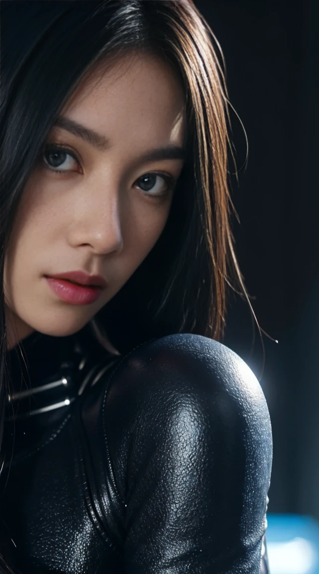 8K, top quality, 錯綜複雜的detail, 超detail, Ultra-high resolution, masterpiece, ((close up)), shot from behind , look away from viewer, Slender, Not smiling, (cosmetics: 0.4), (蓬鬆的blue eyes: 1.21), blue eyes,, ((whole body)), 1 girl, alone, 1 girl, (( whole body)), Close-up, Permanent ,look away , holding a gun, photography from behind, ((High target)), (((Fitness))), (((face slimming))), Pointed face, Sharp eyes, ((( black hair, long hair ))), (detailed face), Pointed face, Small lips, Thin lips, (( cyberpunk women, woman wearing futuristic suit )), detailed face, detailed breast, , Big breasts, detail, , Beautiful girl with prominent slim abdominal muscles: 1.4, Six-pack abs: 1.4, Breast Enlargement Botox, Large target, Perfect body, detail leg, ),((close up)), Cyberpunk Background,