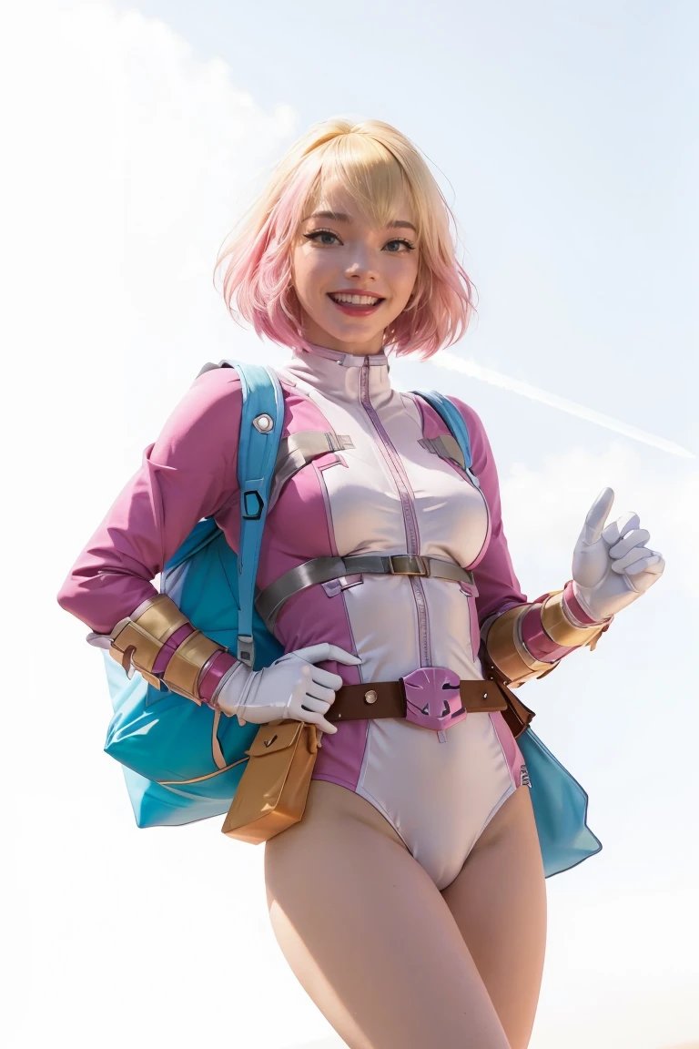 gwenpool, 1girl, weapon, blonde hair, multicolored hair, solo, blue eyes, sword, pouch, smile, mask, superhero, short hair, gradient hair, open mouth, belt, bag, white background, two-tone hair, pink hair, breasts, adapted costume, animification, gloves, belt pouch, looking at viewer, leotard, camel toe